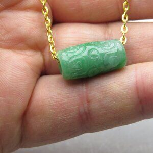 14k Jade Oval Barrel Carved Bead Chain Slide Pendant